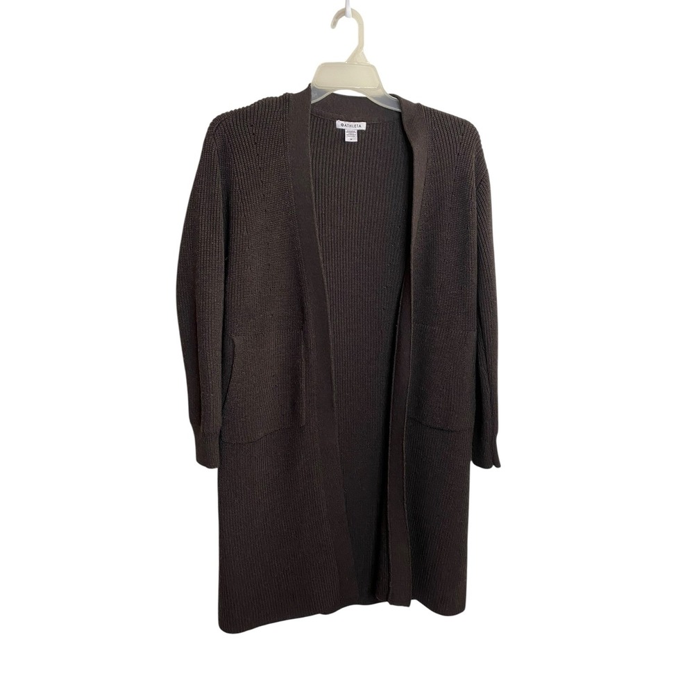 Athleta Womens Brown Ribbed Long Cardigan Sweater Dress Size Medium Wool Blend